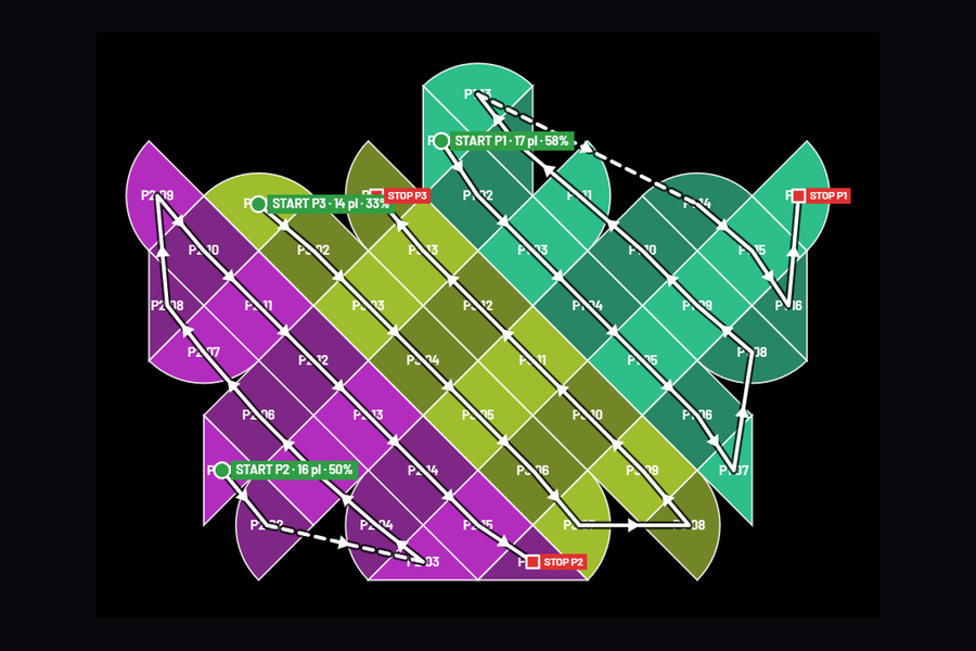 Signal plan of a crown-shaped LED screen with cabinets set at 45 degrees, triangles and quarter circles