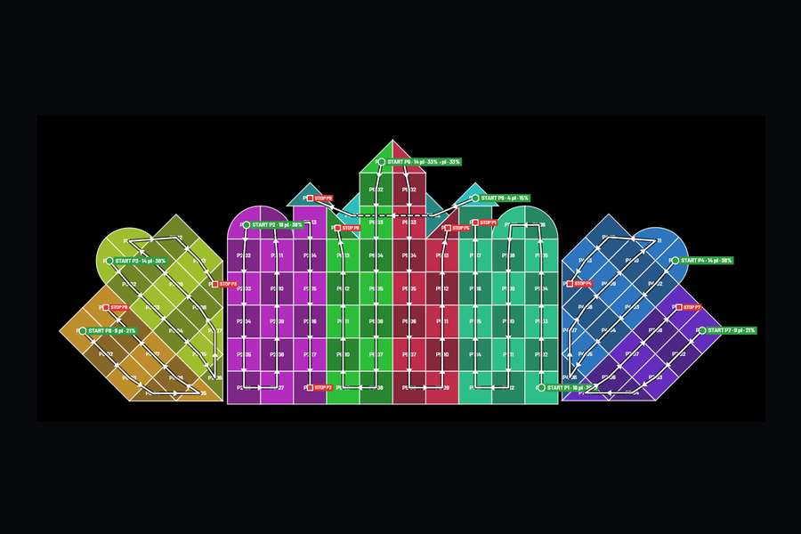 Signal plan of a palace-shaped LED wall with domes, towers and two wings set at 45 degrees