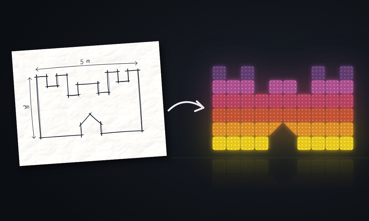 A castle screen sketched in pen on paper, 5 m wide and 3 m high, turns into the same castle built from lit LED modules