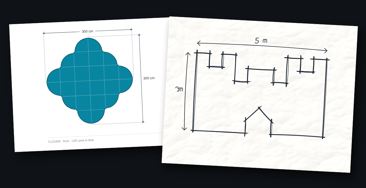 Two sketches: a clover drawn on a computer with its 300 cm sizes, and a castle drawn by hand in pen on paper, 5 m by 3 m